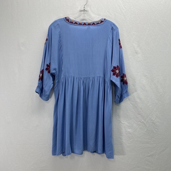 Umgee Dress Medium 3/4 Sleeve Embroidered Blue Red Flowers Boho Chic - Picture 10 of 14